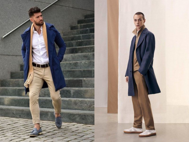 Phối quần kaki giày da với áo khoác màu chàm