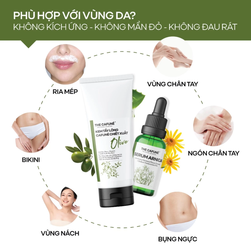 Combo Kem Tẩy Lông Olive và Serum Dưỡng Cafuné triệt lông vùng kín, chân, tay, nách 100ml