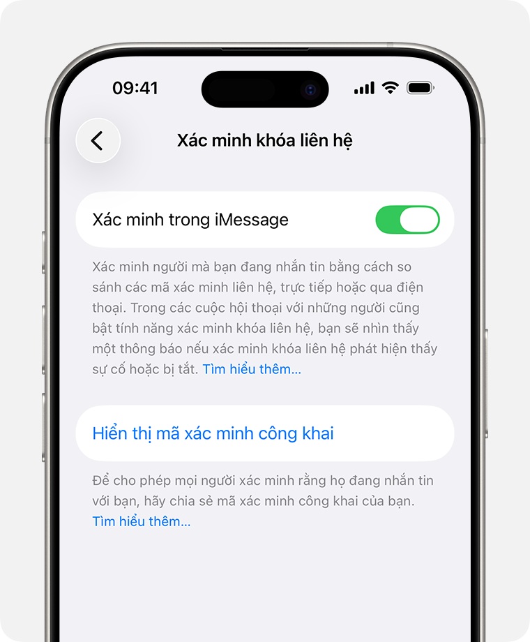 Trong phần cài đặt Xác minh khóa liên hệ, chạm vào Hiển thị mã xác minh công khai để chia sẻ mã công khai của bạn.