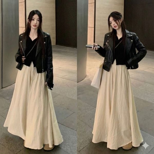 Outfit đi Tà Xùa - Áo knit cổ tim phối cùng chân váy dài và jacket da mềm