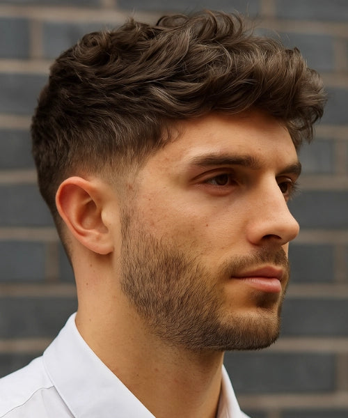 Messy quiff haircut with tousled textured top, layered volume, and faded sharp sides.