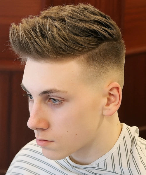 Quiff undercut hairstyle with high lifted top and clean undercut contrast sides.