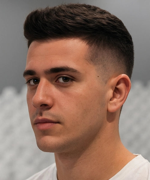 Quiff fade hairstyle with voluminous lifted top and tight fade around the ears.