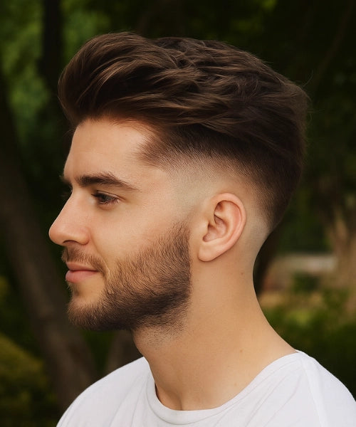 Classic quiff with swept-back volume on top and skin-faded sides for a polished finish.