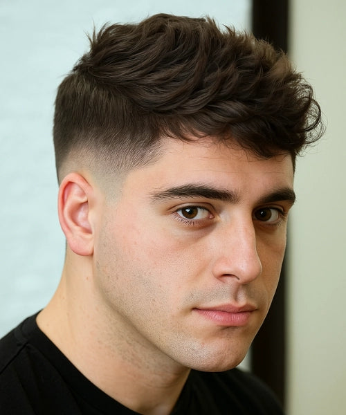 Wavy quiff haircut with tousled waves on top and clean faded sides for casual flow.