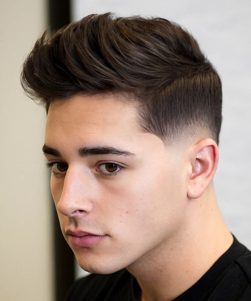 Low fade quiff hairstyle with voluminous textured top and gradual faded sides.
