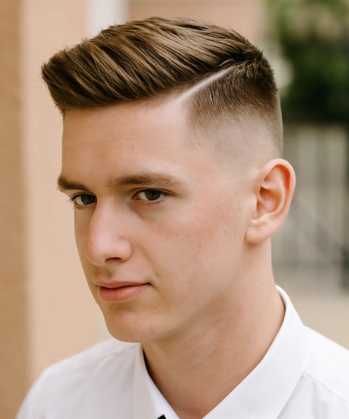 Side part quiff with defined side line, lifted voluminous top, and faded edges.