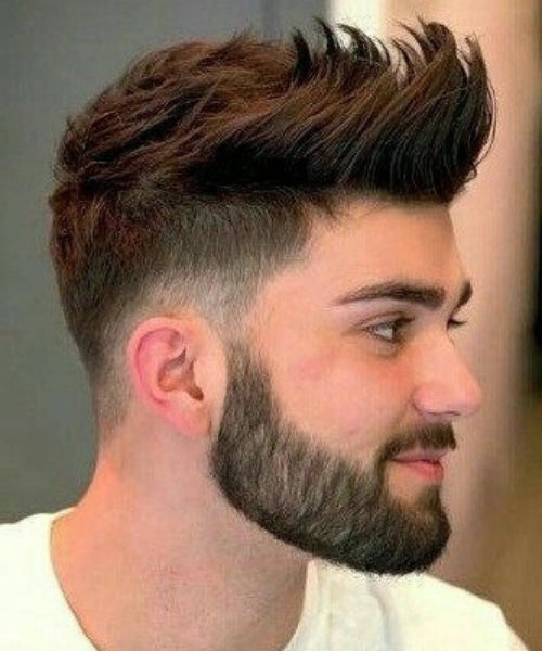 Quiff taper haircut with textured voluminous top and neatly tapered faded sides.