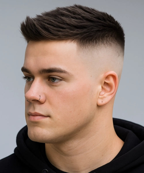 High fade quiff hairstyle with bold lifted top and sharp high-contrast fade.