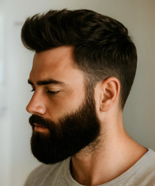 Quiff hairstyle with full beard, voluminous styled top, and clean faded sides.