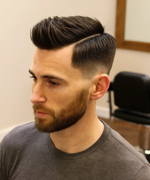 Side swept quiff with neatly combed volume and faded sides for clean style.