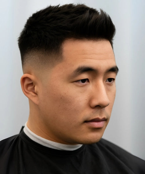 Asian quiff hairstyle with textured lifted top and clean fade on the sides.