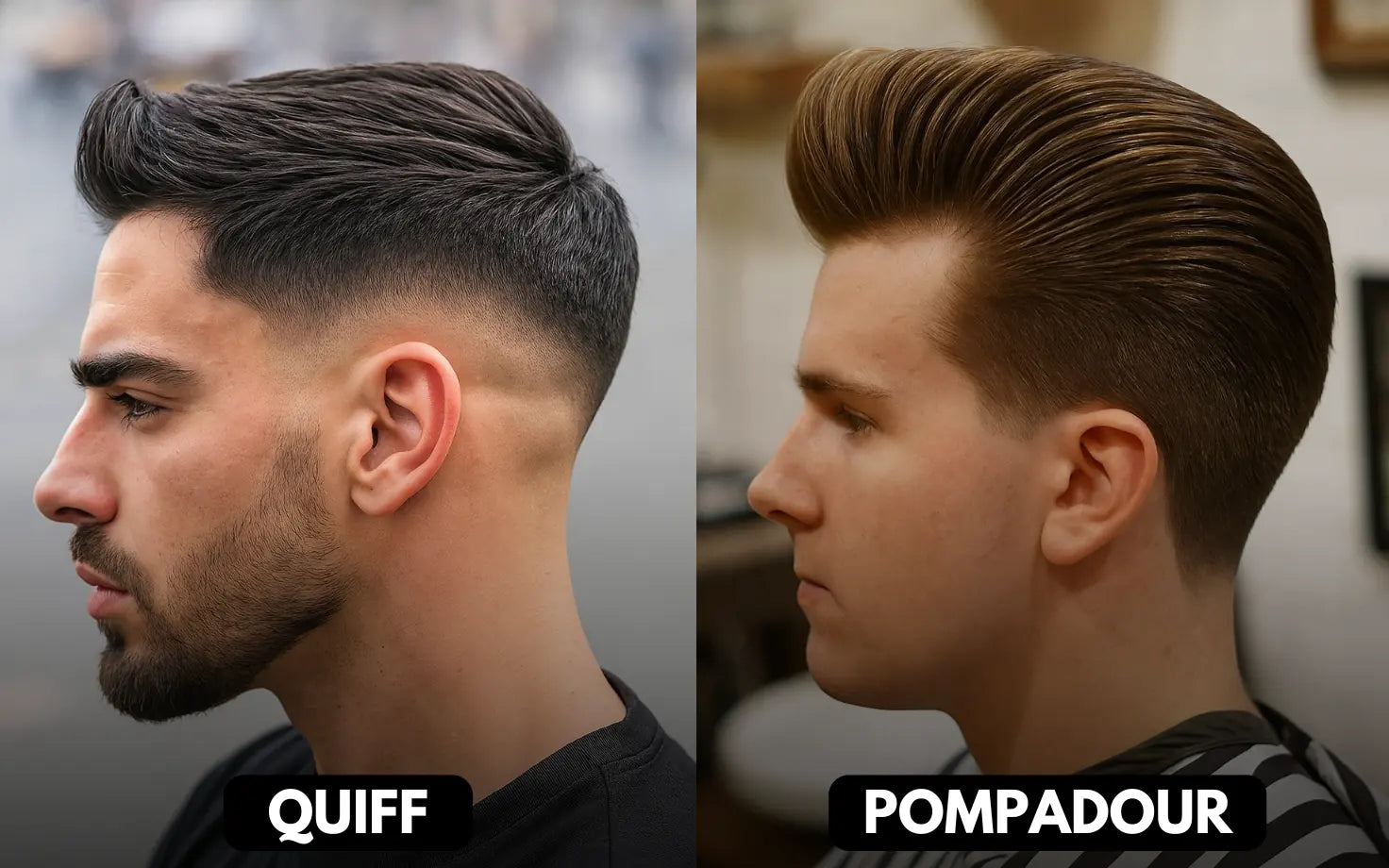 Side-by-side hairstyle comparison showing textured quiff with casual volume vs sleek pompadour with polished lift.