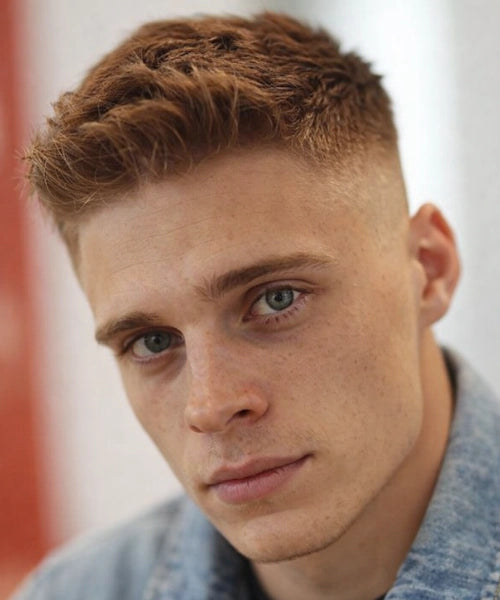 Soft quiff with short clean sides and a gentle lifted front that bends back smoothly for a relaxed natural look