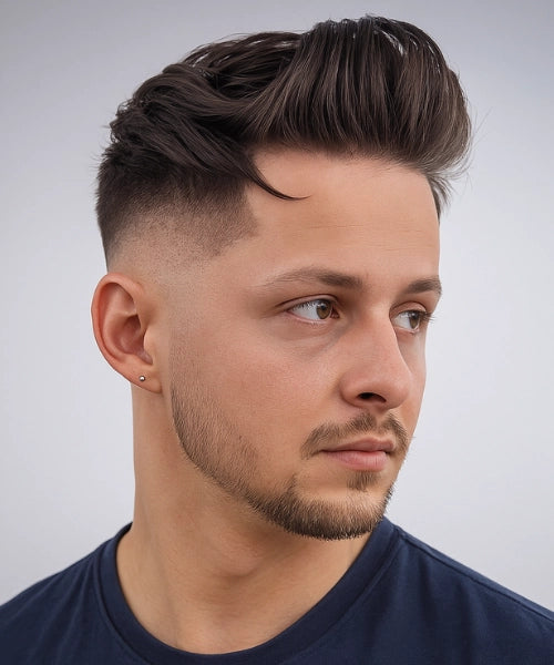 Classic quiff cut with voluminous swept-back top and faded sides for a confident style.