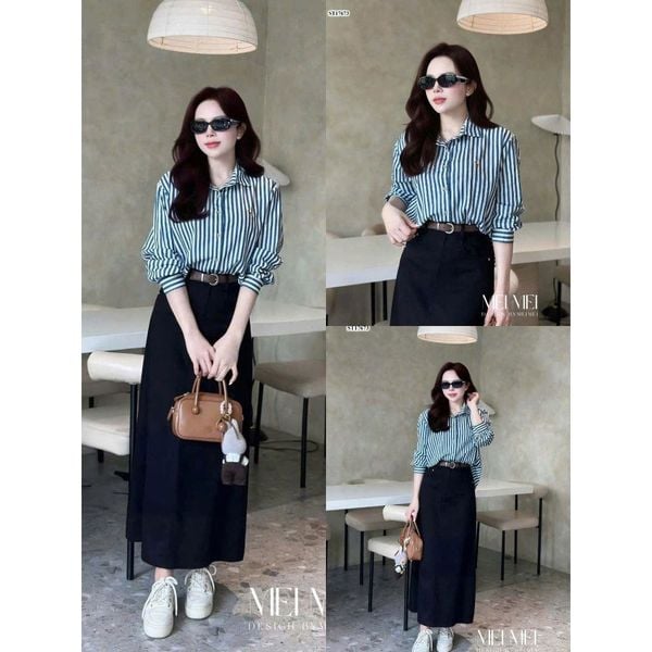 Công thức phối đồ với chân váy dài - sơ mi sọc dọc