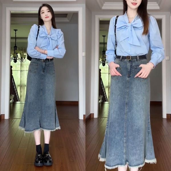 Công thức phối đồ với chân váy dài - sơ mi xanh nhạt