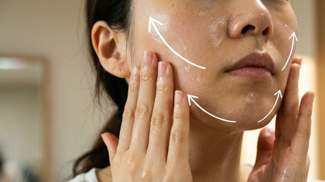woman applying Rejuran Turnover Ampoule using the triple-stack layering technique with upward massage motions