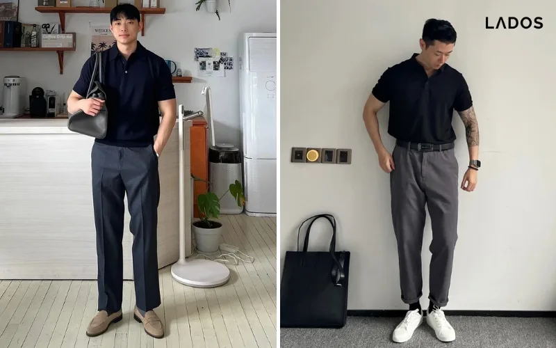 outfit di dam cuoi ao polo voi quan tay