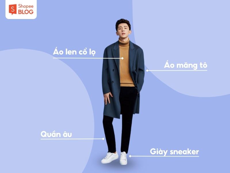 Phối style nam Trung Quốc với áo len cổ lọ và áo măng tô