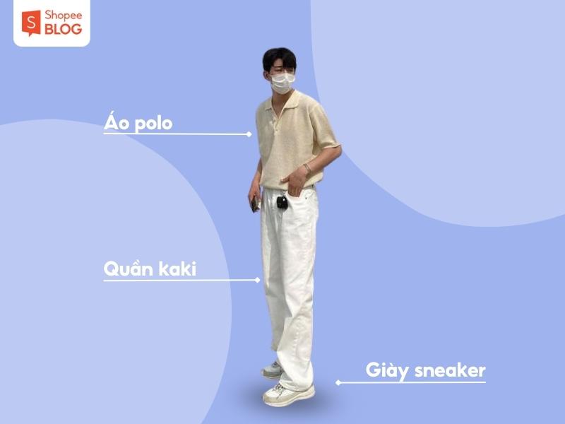 Phối đồ với áo polo, quần kaki và giày sneaker