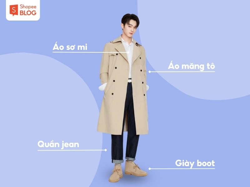 Style nam Trung Quốc với giày boot và áo măng tô