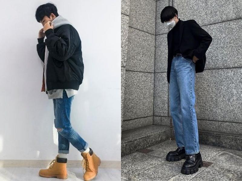 Giày boot nam phối với áo đen và quần jean