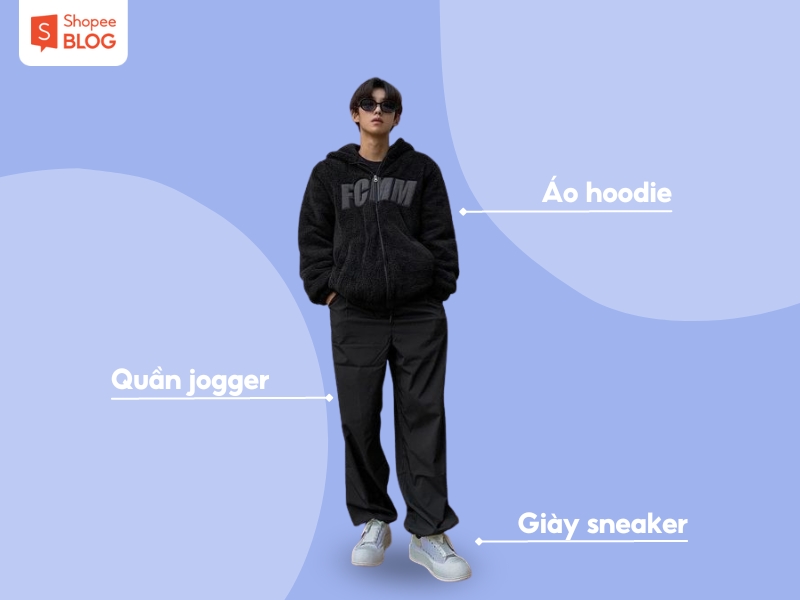 Phối áo hoodie, quần jogger và giày sneaker style Trung Quốc