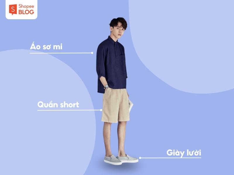 Phối đồ cùng áo sơ mi, quần short và giày lười