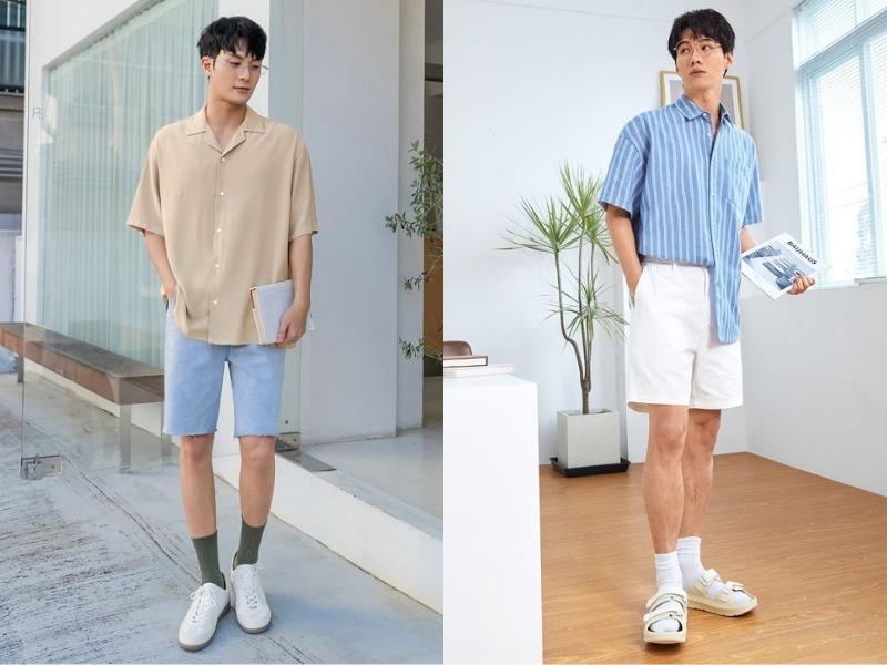 Phối áo thun với quần short nam sáng màu