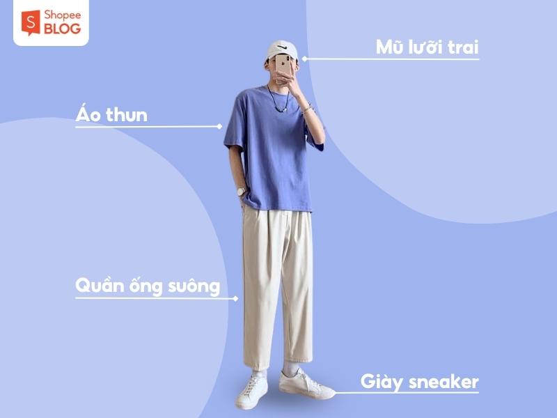 Outfit áo thun và quần ống suông đơn giản