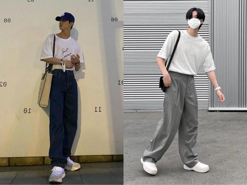 Outfit áo thun trắng và quần ống suông tối màu