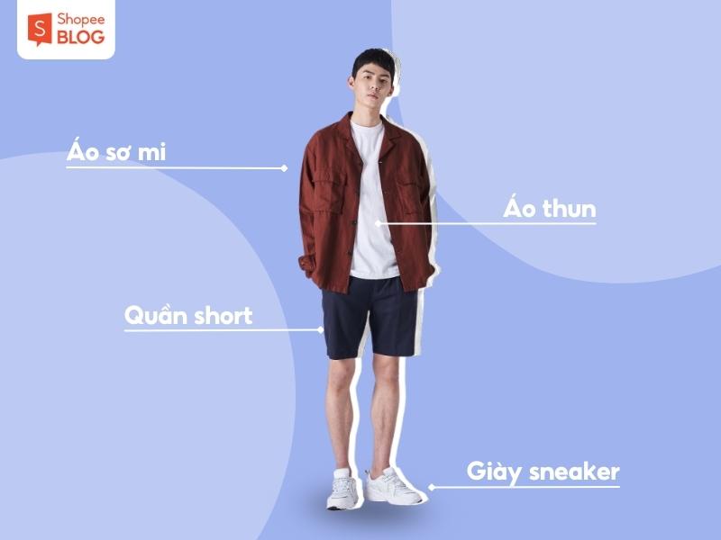 Outfit style Trung Quốc áo sơ mi khoác ngoài áo thun, quần short và giày sneaker