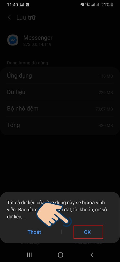 chọn vào Xóa dữ liệu. 