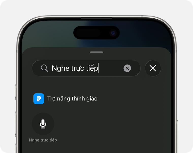 Tìm kiếm điều khiển “Nghe trực tiếp” trong Trung tâm điều khiển trên iPhone.