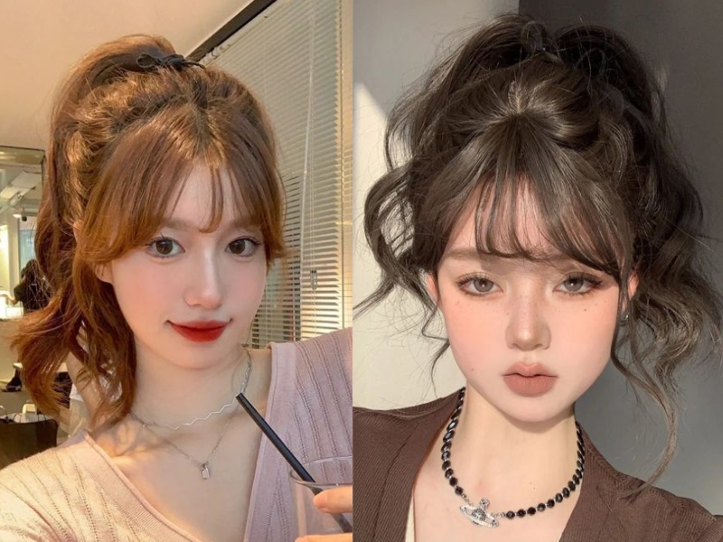 Kiểu tóc mái bằng buộc cao nhuộm nâu sáng