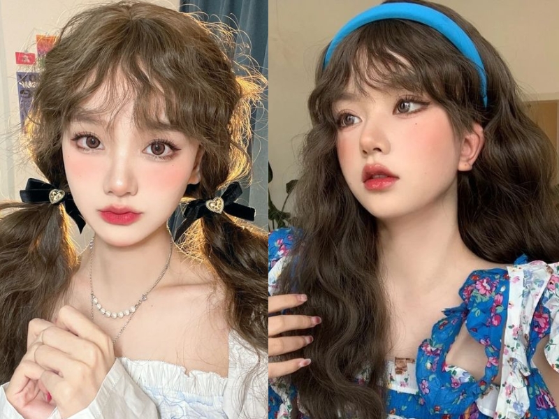 uốn tóc mái bằng nhuộm màu sáng với phụ kiện