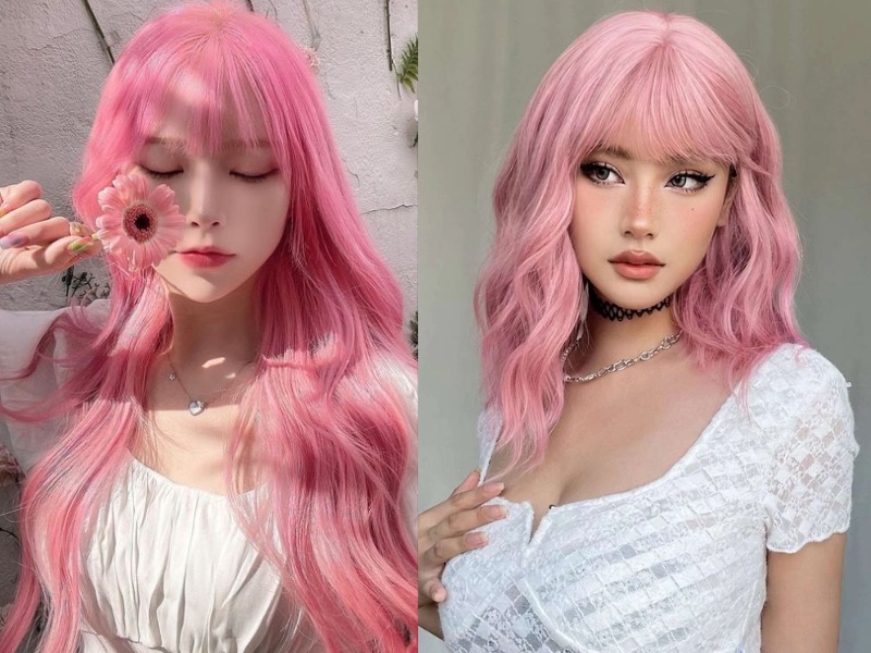 Tóc mái bằng nhuộm màu hồng pastel