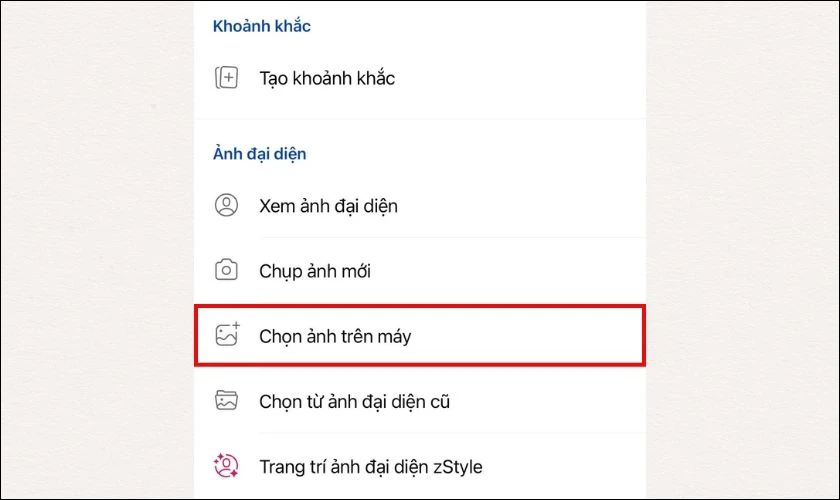 Chọn Chọn ảnh trên máy để thay đổi ảnh đại diện