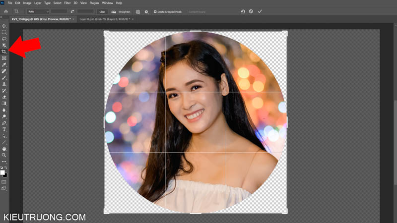 Nhấn công cụ Crop để cắt hình tròn trong Photoshop