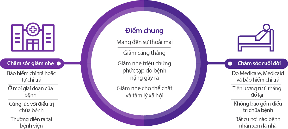 Biểu đồ mô tả các điểm giống và khác nhau giữa chăm sóc giảm nhẹ và chăm sóc cuối đời