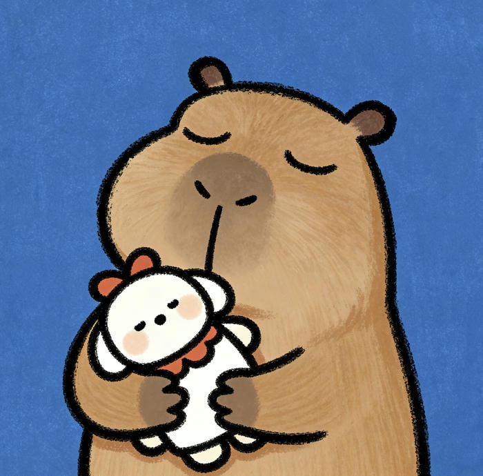 Con capybara chibi ôm thú bông