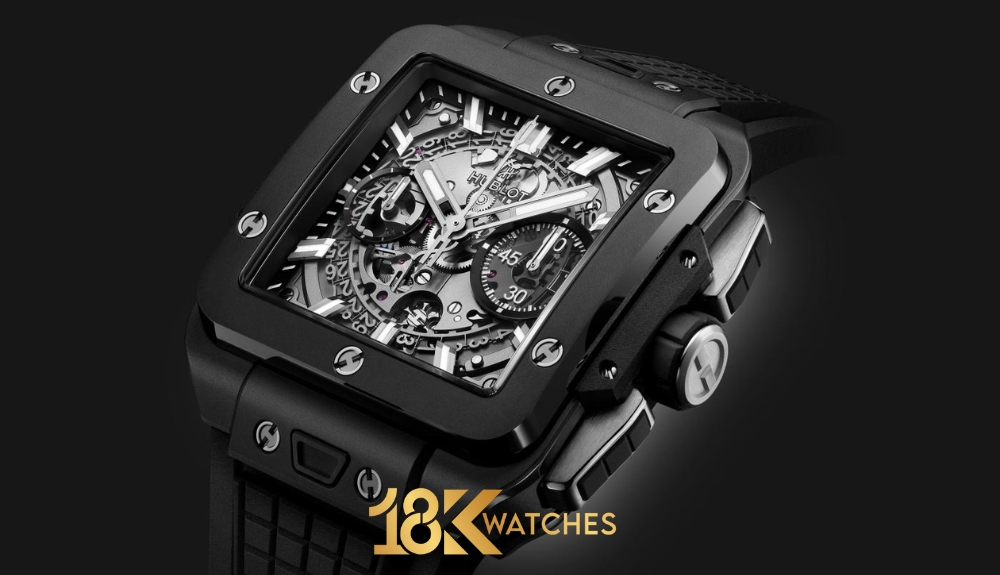 Điểm nhấn lớn nhất của mẫu đồng hồ Hublot mặt vuông chính hãng này chính là mặt số skeleton lộ cơ