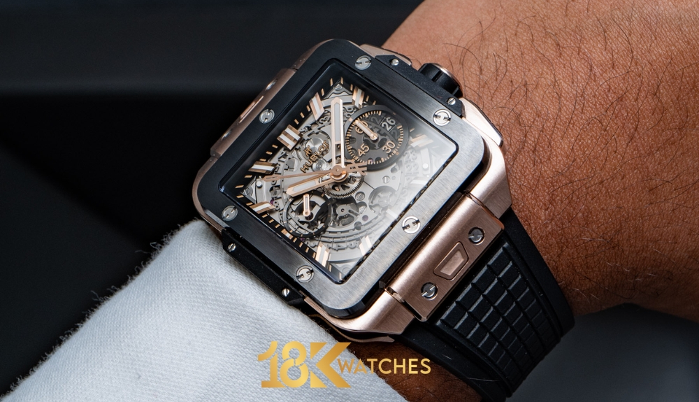 Đồng hồ Hublot mặt vuông gây ấn tượng với thiết kế phá cách, giúp người đeo nổi bật giữa đám đông