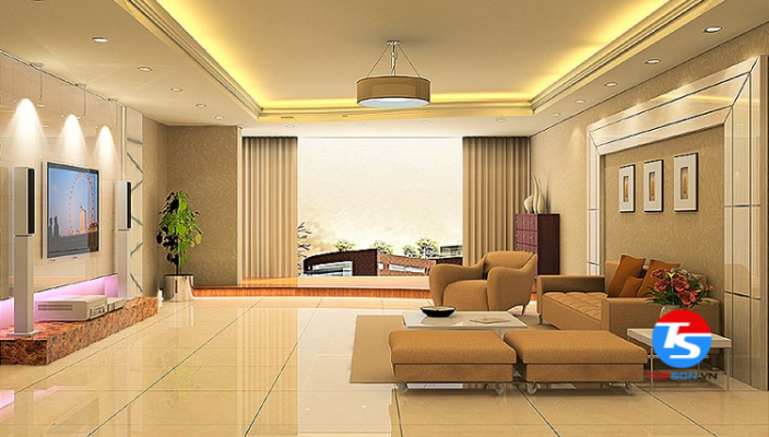 Phòng khách sơn màu vàng nâu đất sang trọng