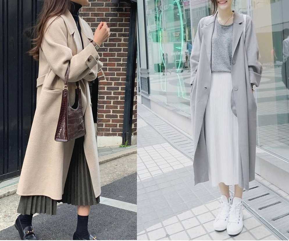 Mix đồ với áo măng tô dáng dài và chân váy