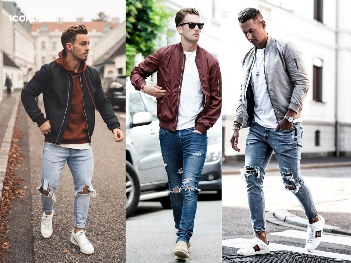 Diện quần jeans rách với áo bomber dạo phố