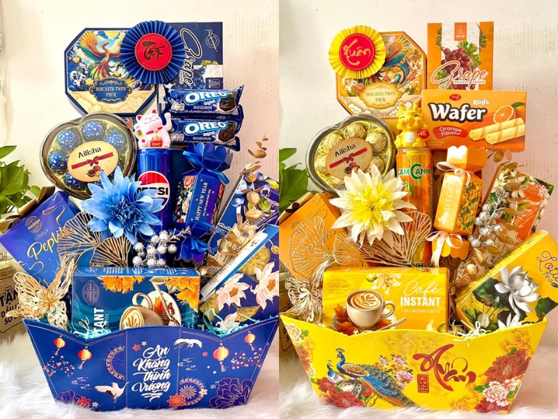 Mẫu quà Tết màu xanh và màu vàng