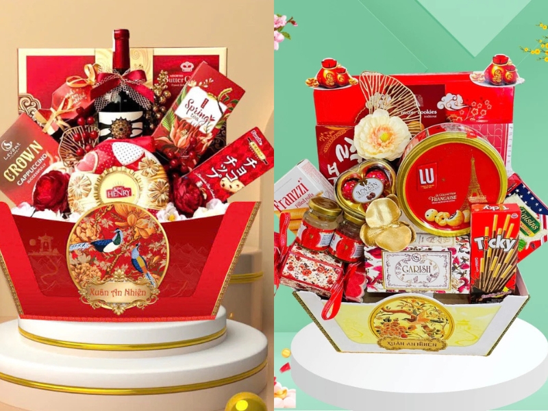 Mẫu giỏ bánh Tết màu đỏ