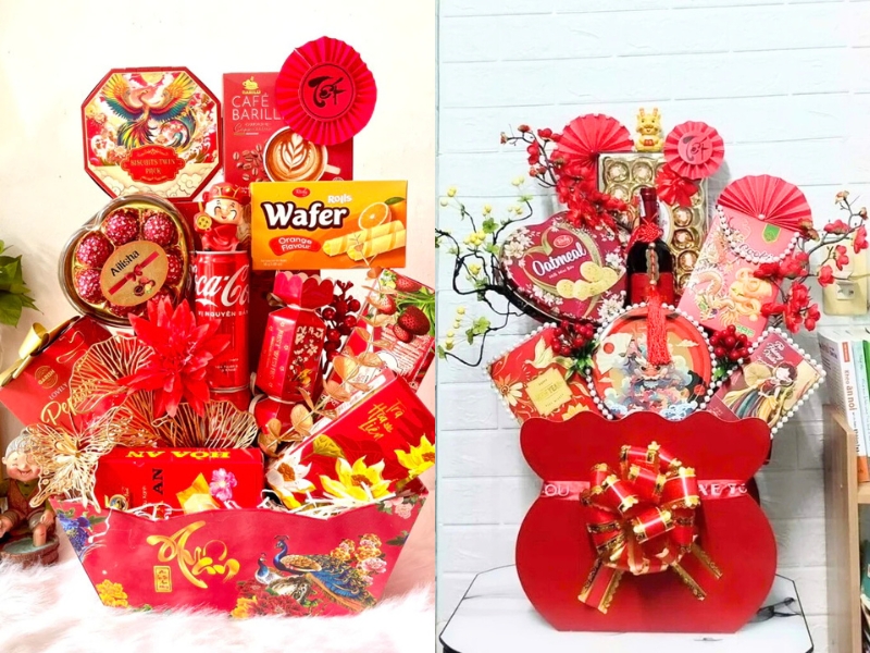 Mẫu giỏ bánh Tết màu đỏ